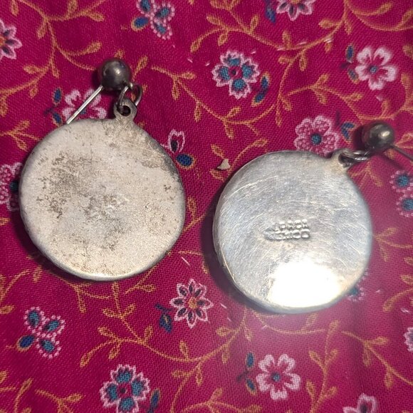 Vintage Studded Alpaca Silver Round Circular Post Drop Earrings Mexico Boho - Picture 5 of 7